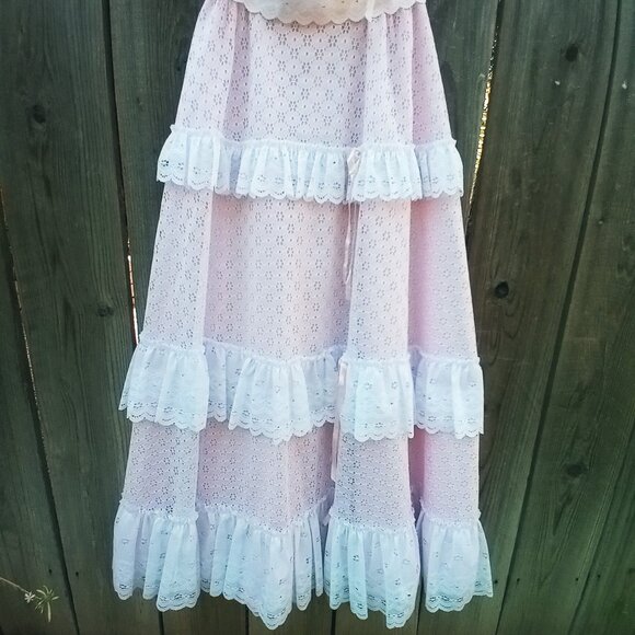 VINTAGE 70'S 80'S DANCE ALLURE MAXI DRESS SZ 8 WHITE PINK OFF SHOULDER TIERED - Picture 7 of 13
